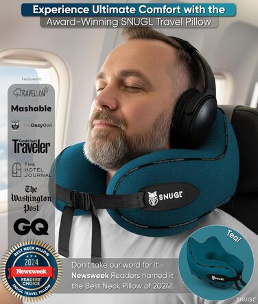 Подушка для шиї SNUGL з Memory Foam, регульована, для подорожей | Зручна подушка-воротник для шиї в літак, авто та в дорогу | Подушка для шиї, Neck Travel Pillow (синьо-зелений)