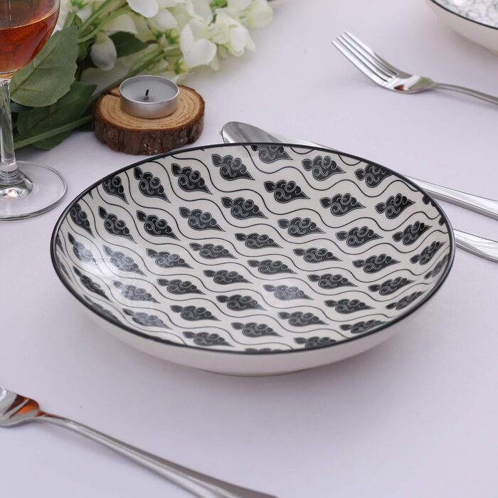 Набір тарілок Vancasso Haruka: 8 шт. (4 супові, 4 глибокі), кераміка, 700мл, діаметр 21 см (чорний + кремовий)