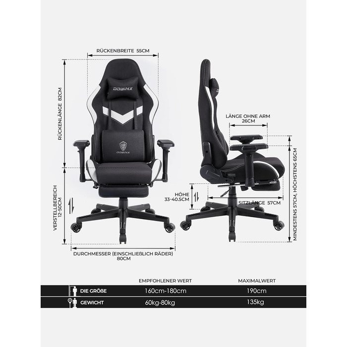 Ігровий крісло Dowinx з тканини - ергономічне крісло для офісу з функцією масажу, підголівником, поперековою подушкою та підставкою для ніг - чорно-біле