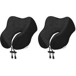 Подушка для шиї в дорогу з ефектом пам'яті (Memory Foam) для літака, авто та офісу, м'який оксамитовий чохол, чорна (набір 2 шт.)