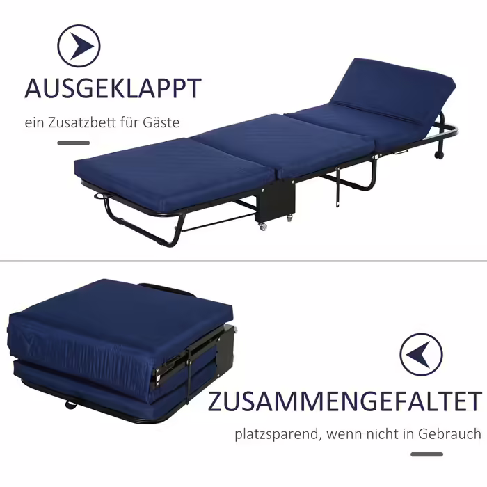 HOMCOM Folding Guest Bed 2-in-1 with Adjustable Headrest and Wheels, Steel Frame, Foam, Blue 184x65x26cm for Flexible Sleeping
