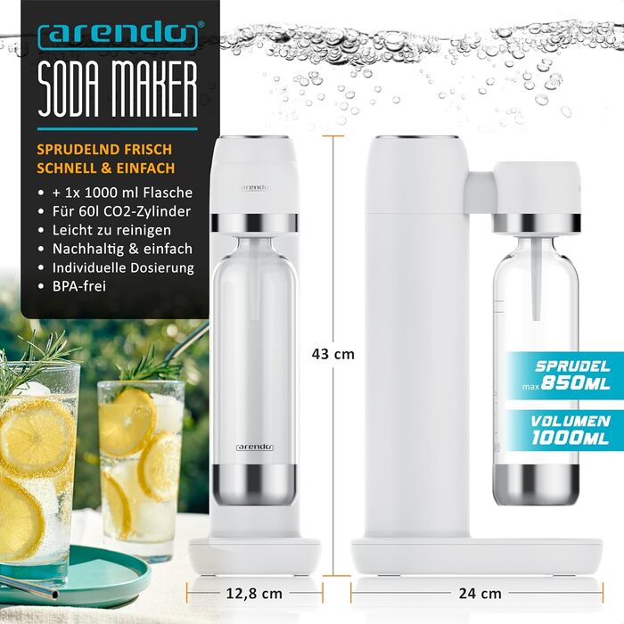 Arendo Soda Maker - Газова вода вдома: приготуйте газовану воду без цукру та барвників! Сумісний з CO2 балонами 60 л, пляшка 1000 мл, BPA free
