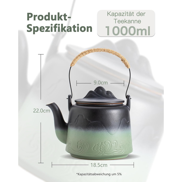 ZENS Design Japanese Teapot, 1000ml Gradient Embossed Japanese Teapot Ceramic with Built-in Strainer and Hemp Rope Handle for Loose Tea Steeper, Gift for Tea Lovers, Black & Bean Green