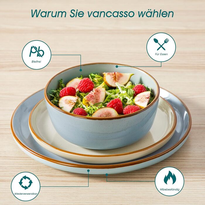 Набір посуду vancasso RENO 36 предметів: тарілки, супові тарілки, десертні тарілки, миски. Набір посуду з кераміки для 6 осіб, сучасний дизайн, безпечний для миття в посудомийній машині та розігріву в мікрохвильовій печі.