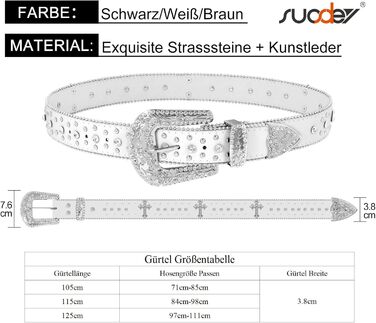 Чоловічий та жіночий шкіряний ремінь SUOSDEY з стразами, ковбойський стиль, 105 см, розмір 71-85 см
