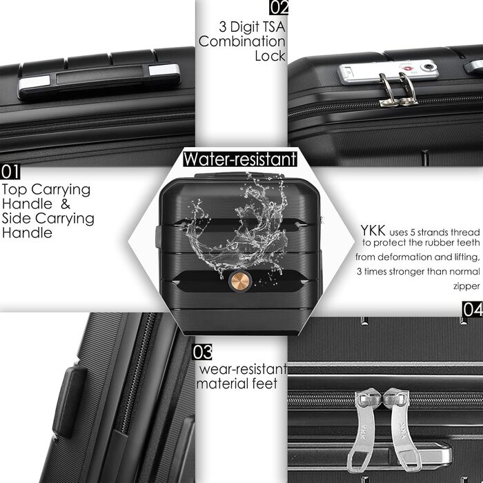 Чохол-валіза Sea Choice з розширенням, ручна поклажа, 4 шт. у наборі, 100% PP, 360° колеса, TSA-замок (Чорний)