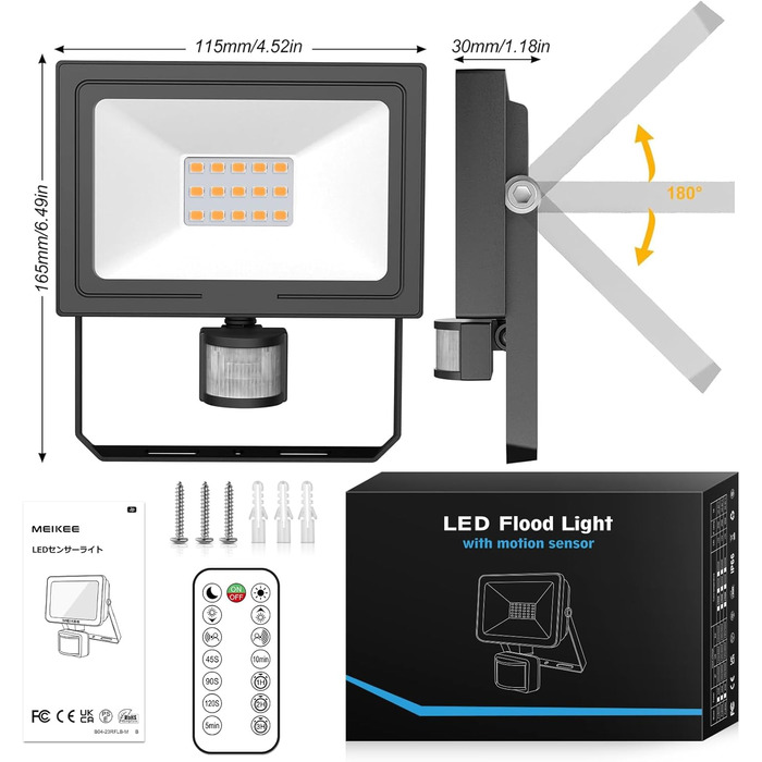MEIKEE 15W LED Floodlight with Motion Sensor, Remote Control, 2700K Warm White, 150-1200 LM, Outdoor Floodlight LED, IP66 Waterproof Spotlight, Outdoor Light for Garden, Garage, Sports Field, 2PCS