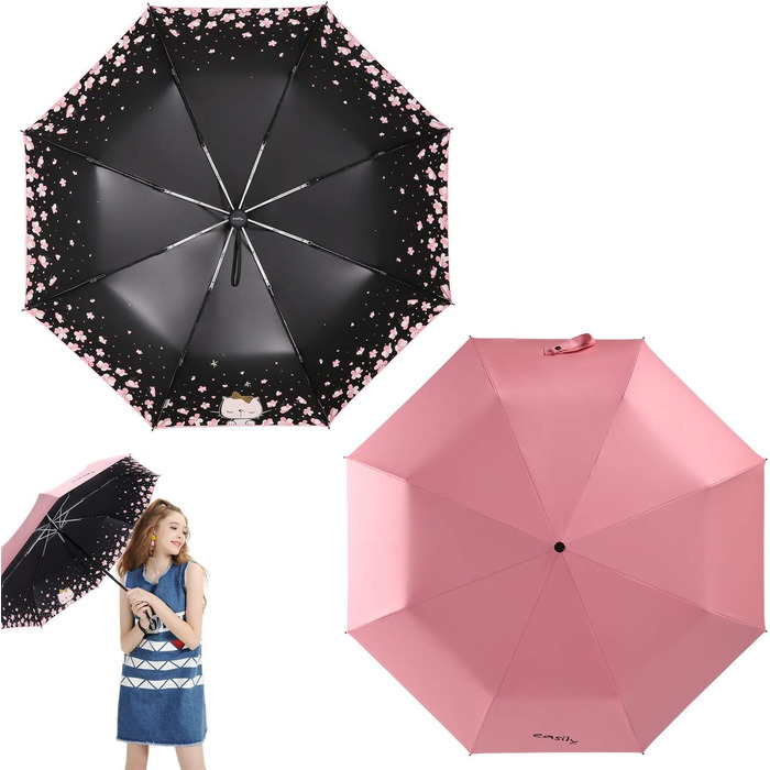 Жіночий парасолька Voy Lady – компактний, складна, з UV-захистом, рожевий, з квітковим принтом (96 см)