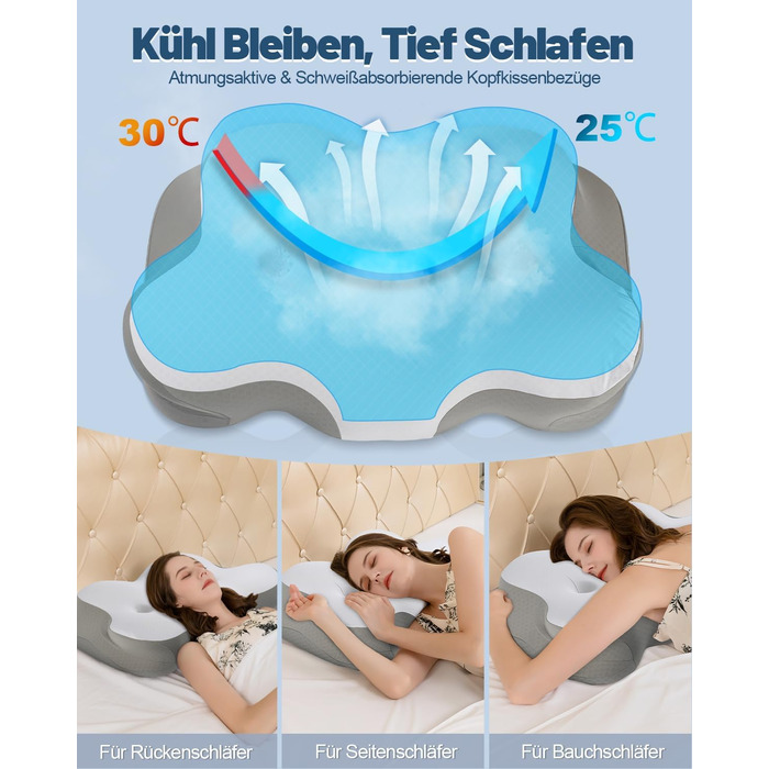 Ортопедична подушка для сну для тих, хто спить на боці, з зоною полегшення вух, з піною з пам'яті, для зняття болю в шиї, подушка для підтримки шиї, для спини/живота, темно-сіра