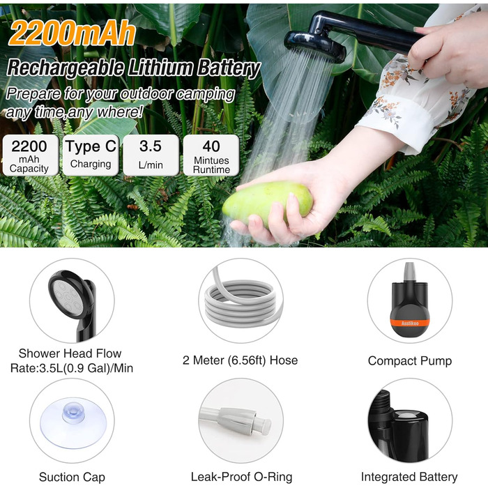 Asstikoo Portable Camping Shower, Camping Shower with Rechargeable Battery, Compact Rechargeable Electric Pump Shower Head for Camping, Pet Cleaning, Beach Washing, Hiking and Travel