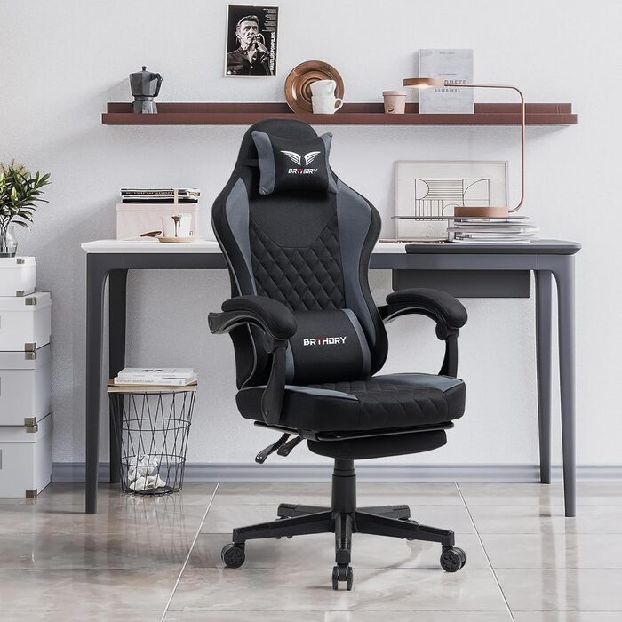 Геймерське крісло Racing Ergonomic Stoff – чорно-сіре з підставкою для ніг та регульованою спинкою (135°)