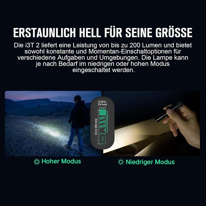 OLIGHT I3T 2 Mini Flashlight, 200 Lumens Compact Bright Light with Dual-Sided Pocket Clip, 2 Light Modes AAA Battery Lamp with Tail Cap Switch for Camping, Outdoor Activities, and Hiking
