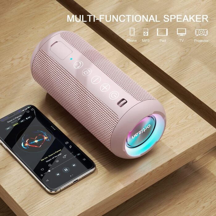 Портативна Bluetooth колонка Ortizan з RGB підсвіткою, водонепроникність IPX7, 30 годин роботи, баси Boost, TWS, AUX, TF картка, мікрофон (РОЖЕВА)
