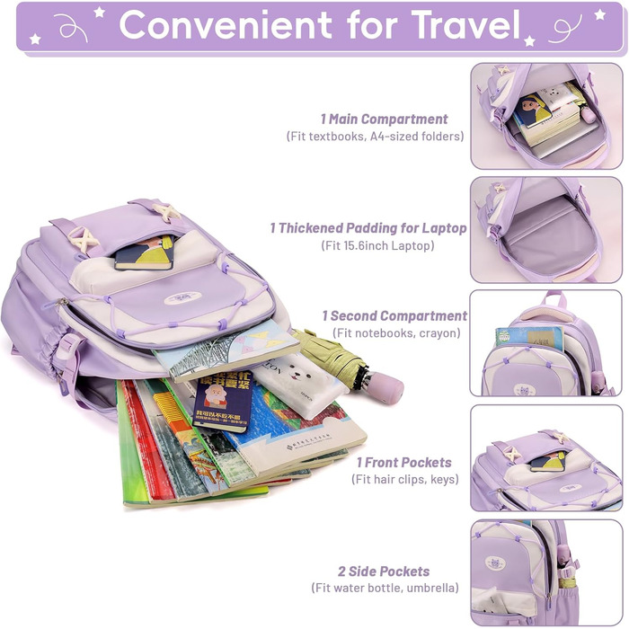 Рюкзак Tanou для школи, 30л, нейлон, для дівчаток 3-9 класів, з тролейною петлею та брелоком, фіолетовий