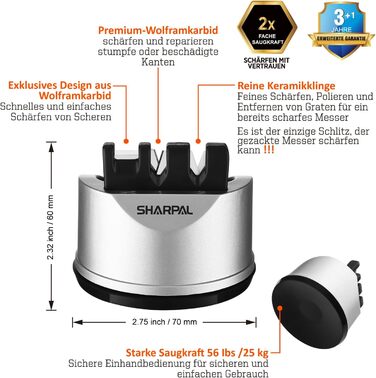 SHARPAL 191H - ручний точило для ножів з 3 ступенями, професійне, з присоскою. Підходить для ножів з прямим та хвилястим лезом