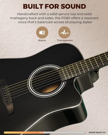 Акустична гітара Fesley X Kit FD60C, 41 дюйм, 6 струн, чорний колір, для початківців, з аксесуарами