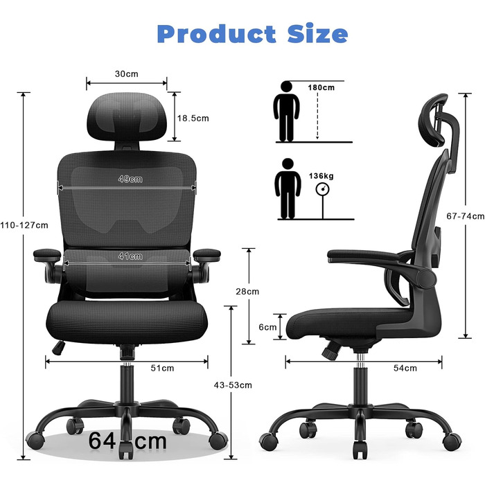 Офісне крісло Naspiro - ергономічне, з регульованою підголовником, підлокітниками та підтримкою попереку, чорне