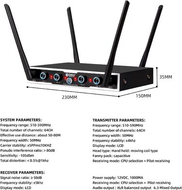 Debra 4-канальний UHF мікрофонний комплект з 16 частотами | 80м радіус дії, 4x Bodypack + мікрофон-гарнітура/петличний | Професійний звук для співу, караоке та конференцій (4 мікрофони)