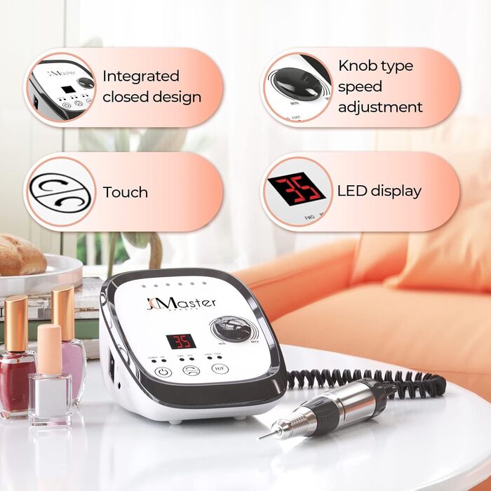 Nagelfräser JCMaster Profi: Електрична шліфувальна машинка для нігтів з педаллю, 35000 об/хв, 6 біт, чорна