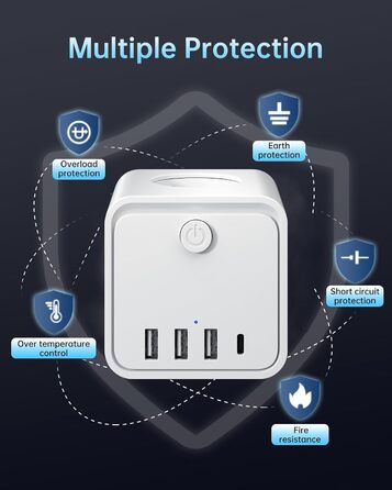 Мережний фільтр 7-в-1 з USB-портами, подовжувач на 3 розетки з вимикачем, кабель 2м, білий — для дому та офісу