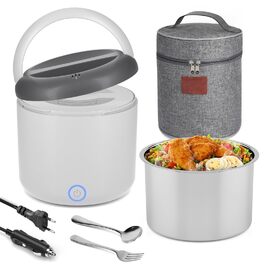 Електрична ланчбокс 80W для дорослих з термосумкою, нержавіюча сталь, виделка та ложка, 2 контейнери по 1.5л, 3-в-1, 12/24/110~230V, витокозахист, ланчбокс для авто, вантажівки, офісу (сірий, 1.2л, євро-штекер)