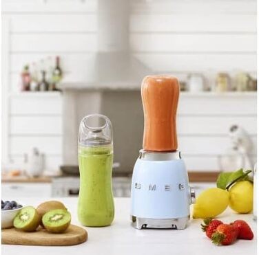 SMEG, Personal Blender PBF01PBEU, 2 speed settings, stainless steel double blade, 2 x 600 ml bottles included, non-slip base, integrated cable winding, 300W, Sky Blue