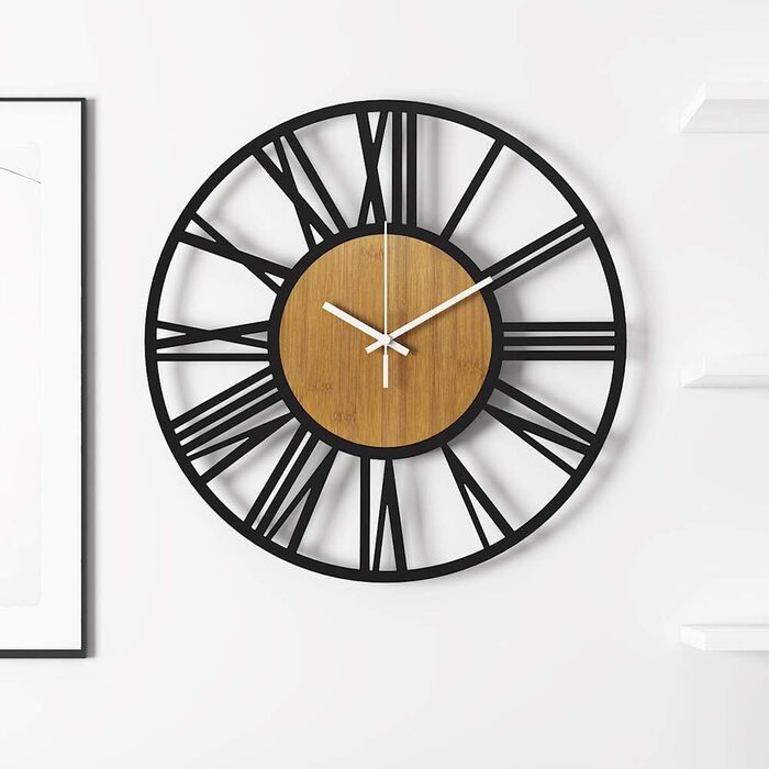 HAITANG Round Wall Clock, Black, 34 cm, for Living Room, Decoration, Vintage Style, Roman Numerals, Silent, Non-Ticking, Wall Clocks for Home, Garden, Office, Cafe Decoration