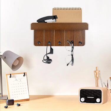 Дерев'яне ключниця з поличкою, ключниця на стіну з 5 гачками, декоративне настінне кріплення для ключів, підходить для прихожей, коридору, кухні, спальні (Темно-коричневий)