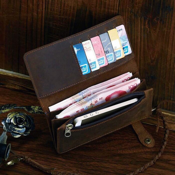 Le'aokuu Men's Genuine Leather Wallet Organizer Double Checkbook Bifold Wallet Pattern Business Money Clip 3377