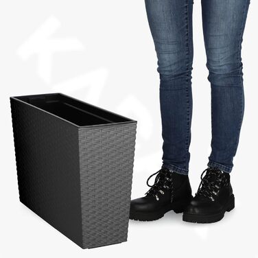 KADAX Кашпо для квітів пластикове 18,5x55,7 см, з автополивом, графіт, прямокутне, ротанг, для балкона та вулиці