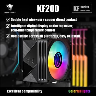 Охолоджувач CPU TZMRIT KF200 з 2 тепловими трубами, RGB LED, чорний, 9 см, 2200 RPM, для LGA115X/1200/17XX/1366, FM1/FM2/AM2/AM3/AM4/AM5