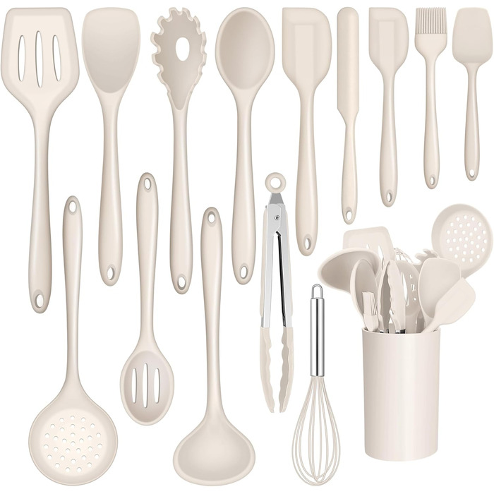 Набір кухонних аксесуарів Joyfair, 15 предметів, силікон, кухонне приладдя, стійке до нагріву, антипригарне, для посуду, з підставкою, придатне для миття в посудомийній машині (Хакі)