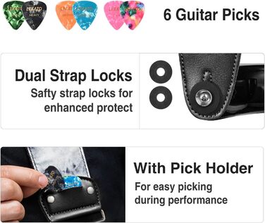 Гітарний ремінь LEKATO, смугастий, 6.7 см, з регулюванням, з шкіри, з кишенькою для медіатора та 6 медіаторів/фіксаторами ремінця - для бас-гітари, електро- та акустичної гітари (Колір: Nebel)