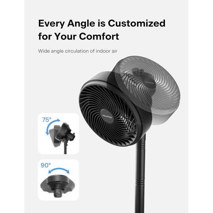 Вентилятор торнадо PELONIS з дистанційним керуванням, сенсорним дисплеєм, 3D циркуляцією, тихий (36.5dB), потужний (10м повітряний потік), регульована висота (60/111см), 4 швидкості з таймером, знімний захисний гріт, поворотний, 76см, чорний