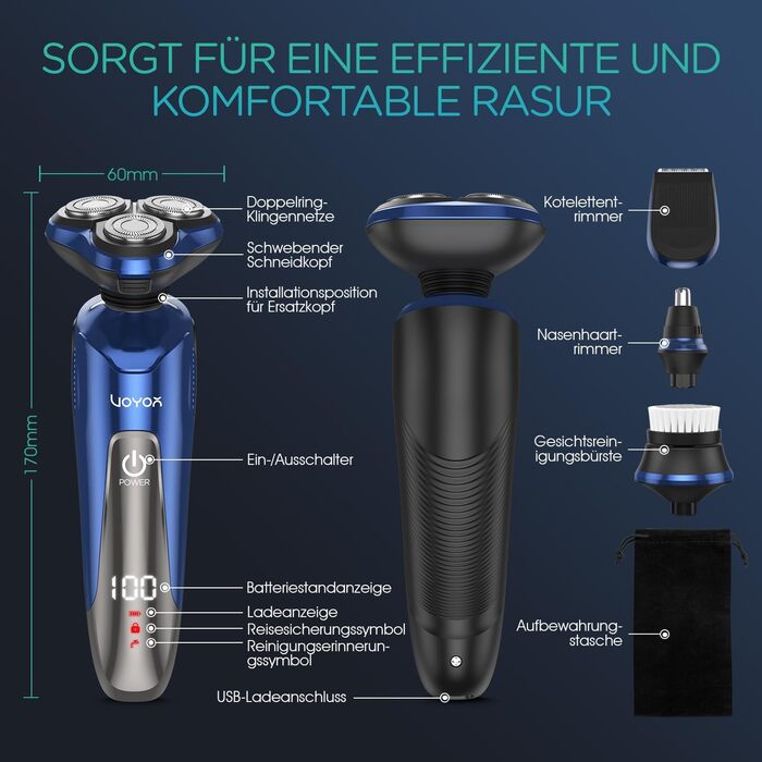 Електричний чоловічий бритва VOYOR TX410: ротаційний, мокрий/сухий, LCD, для подорожей (синій)
