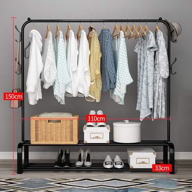 Vinteky Clothing Rack, Freestanding Coat Rack with Upper Bar, Lower Shelf, and 6 Hooks for Hanging Clothes, Black