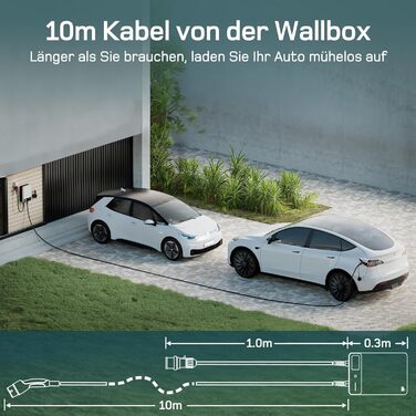 Wallbox 11 кВт з APP, кабель Type 2 7.5м з тримачем, 3-фазний зарядний пристрій для електромобілів (6-16A, 400V), BEV/PHEV, RCD Type A 30mA AC + 6mA DC, IP54, чорний. CEE 22кВт, 10м білий.