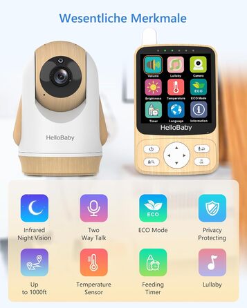 Дитячий відеоняня HelloBaby з камерою 3.2' Digital Funk TFT LCD, бездротовий монітор з нічним баченням, контролем температури та двостороннім зв'язком, білий (HB6340)