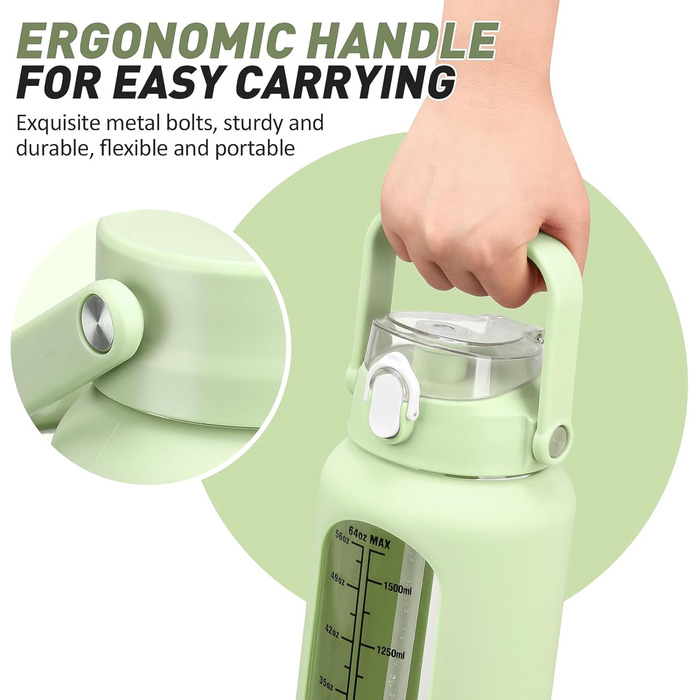 2L Glass Water Bottle with 2 Lids, Flip and Tumble, Lid, 2 Liter Large Water Jug with Time Marker and Silicone Sleeve, BPA-free, Leak-proof for Sports Gym, (Light Green)
