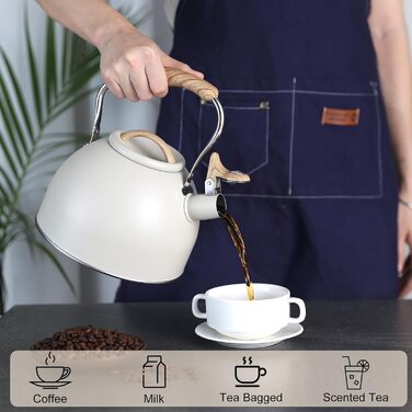 Чайник для плити Vegoran 3 літри, з гучним свистком, з нержавіючої сталі з дерев'яним декором, з клапаном, для чаю, кави, молока (зелений)