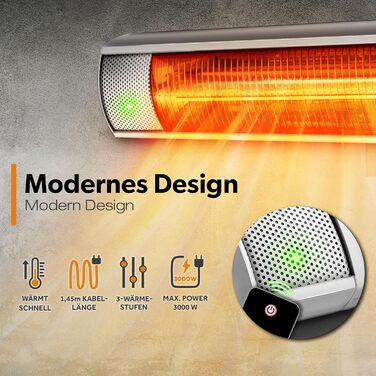 Інфрачервовий обігрівач TRESKO 3000W з пульт дистанційного керування | Тепловий струмінь для тераси, електричний, 3 режими | Тепловий струмінь для тераси, внутрішній та зовнішній | Настінний інфрачервовий обігрівач, обігрівач для пеленального столику (срі