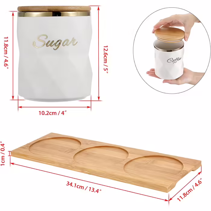 BTSKY White Ceramic Canisters for Sugar, Coffee, Tea, with Lid and Tray, Airtight, Set of 3 Storage Containers, Food Storage Containers, Pots, Jars with Bamboo Lids for Kitchen Counter
