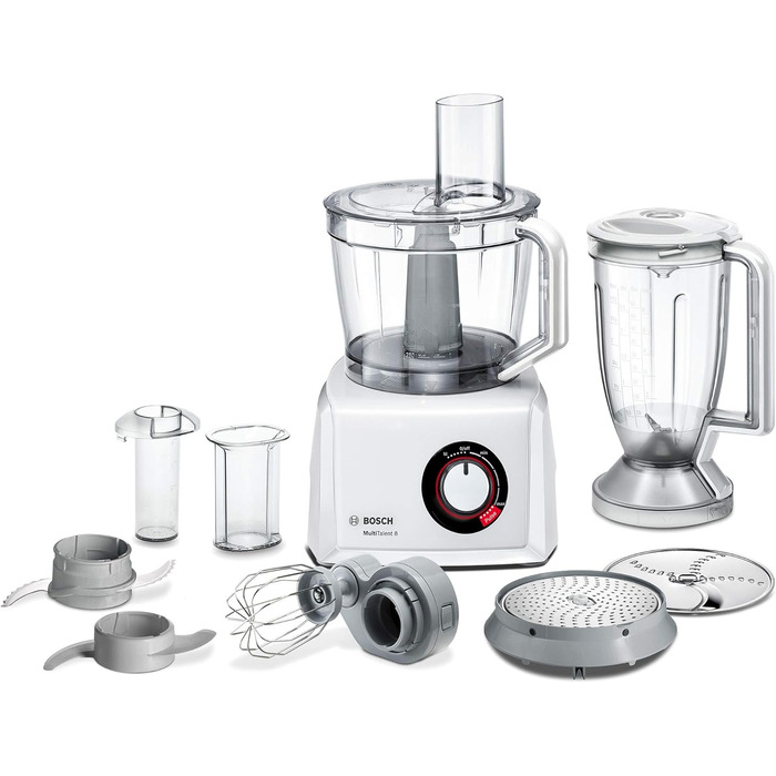Bosch Compact Kitchen Machine MultiTalent 8 MC812W501, XXL Mixing Bowl 3.9 L, Mixer 1.5 L, Universal Knife, Grater Disc, Slicing/Shredding Combination Disc, Potato Pancake Disc, 1000 W, white