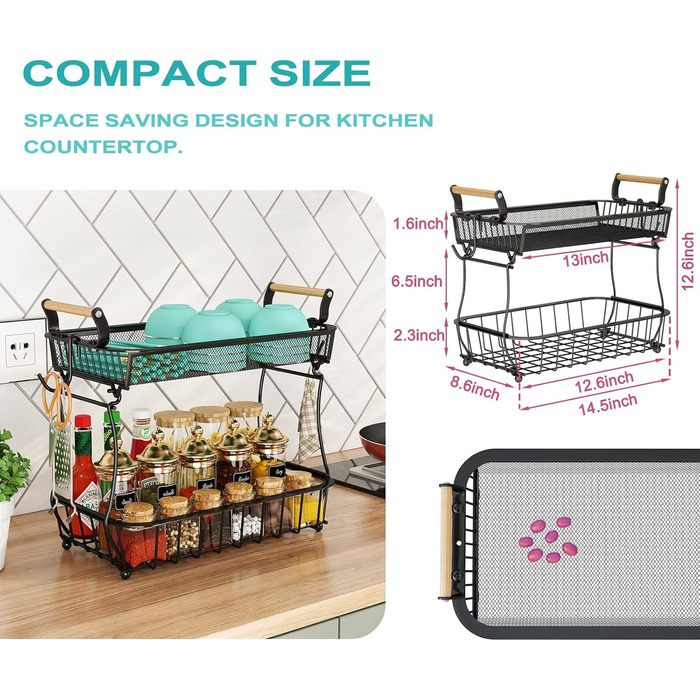 3-Tier Fruit Basket with 2 Banana Hangers for Kitchen Countertop, Vegetable Countertop, Storage Holder, Large Capacity, Metal Wire, Fruit Stand, Organizer for Onion, Snack, Black (Black-2 Tiers (with Banana Hangers))