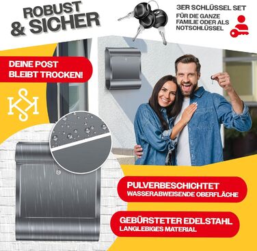 Поштовий ящик настінний KESSER XXL нержавіюча сталь, з газетницею, замок (3 ключі), антрацит