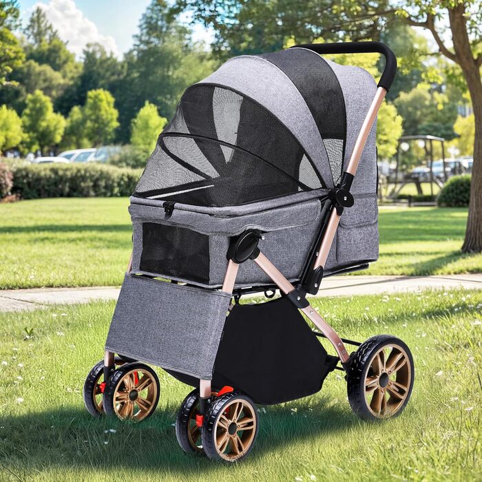 Візок для собак DWVO 3-в-1: візок, переноска, сумка. До 22 кг, EVA-колеса, сітчасті вікна, сірий (58.5x76x105cm)