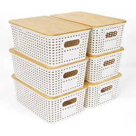 UHAPEER Storage Box with Bamboo Lid, 6 Piece Storage Basket, Plastic Basket Storage, Kitchen Organizer White, Stackable Storage Boxes, Box with Lid 25.6 x 18 x 10.7 cm