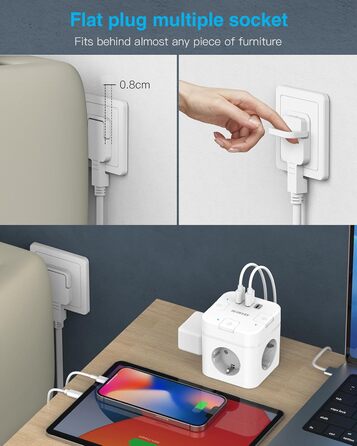 Розетка-смуга 6 в 1 з USB-C, 3 розетки, плагін, індивідуальне вмикання, куб, з кабелем, 1 USB-C, для офісу, дому, подорожей (4M, білий)