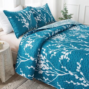 Набір постільної білизни Andency з квітковим принтом, King-Size (277x244 см), 3-частини (блакитно-зелена ковдра з принтом та 2 наволочки), літній, легкий, двосторонній, мікрофібра, блакитно-зелений, 