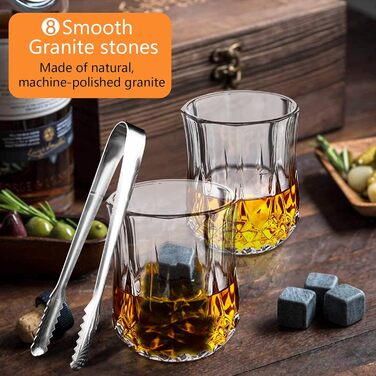Набір для віскі з каменями, 8 каменів, 2 склянки 200 мл, 2 підставки, дерев'яна коробка, оксамитовий мішечок, пінцет. Подарункова коробка для чоловіків